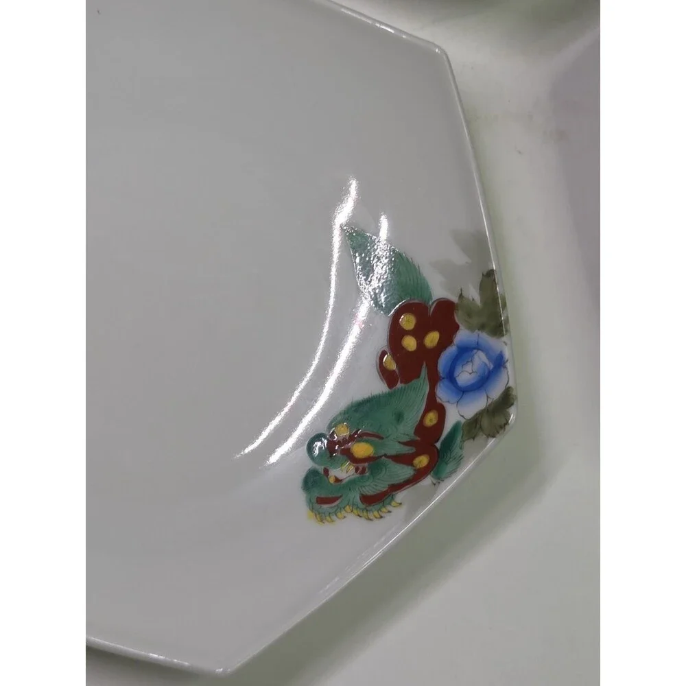 Set Of 5 Hexagonal Plates Hand Painted Foo Dogs Dragons Floral 7.25